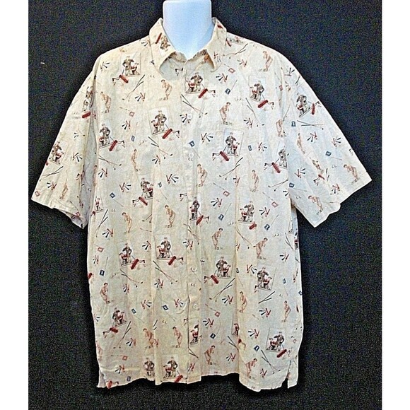 The Saturday Evening Post Shirt Button Up Camp Golf Novelty Print Tan Size 2XLT - Picture 2 of 5